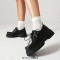 Round Toe Buckle Rivet Decorated Lace Up College Gothic Punk Loafers  - Black Faux Leather