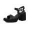 Peep Toe Chunky Heels Ankle Buckle Heart Straps Low Platforms Sandals - Black Faux Leather
