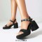 Peep Toe Chunky Heels Ankle Buckle Heart Straps Low Platforms Sandals - Black Faux Leather