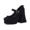 Round Toe Chunky Heels Mary Janes Buckle Straps Lace Decorated Gothic Pumps - Black Microfiber