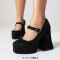 Round Toe Chunky Heels Mary Janes Buckle Straps Lace Decorated Gothic Pumps - Black Microfiber