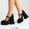 Round Toe Chunky Heels Mary Janes Buckle Straps Lace Decorated Gothic Pumps - Black Microfiber