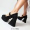 Round Toe Chunky Heels Mary Janes Buckle Straps Lace Decorated Gothic Pumps - Black Microfiber