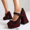 Round Toe Chunky Heels Mary Janes Buckle Straps Lace Decorated Gothic Pumps - Red Microfiber