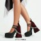 Round Toe Chunky Heels Hill Double Buckle Straps Beads Gothic Pumps - Black Faux Leather