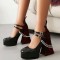 Round Toe Chunky Heels Hill Double Buckle Straps Beads Gothic Pumps - Black Patent