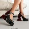 Round Toe Chunky Heels Hill Double Buckle Straps Beads Gothic Pumps - Black Patent