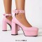 Round Toe Chunky Heels Ankle Heart Buckle Straps Platforms Pumps - Pink Faux Leather