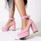 Round Toe Chunky Heels Ankle Heart Buckle Straps Platforms Pumps - Pink Faux Leather