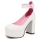 Round Toe Chunky Heels Ankle Heart Buckle Straps Platforms Pumps - White Faux Leather