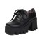 Square Toe Lace Up Chunky Heels Platforms Loafers  - Black Faux Leather