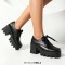 Square Toe Lace Up Chunky Heels Platforms Loafers  - Black Faux Leather