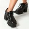 Square Toe Lace Up Chunky Heels Platforms Loafers  - Black Faux Leather