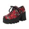 Square Toe Lace Up Chunky Heels Platforms Flower Skull Pattern Loafers  - Red Faux Leather