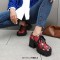 Square Toe Lace Up Chunky Heels Platforms Flower Skull Pattern Loafers  - Red Faux Leather