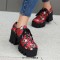Square Toe Lace Up Chunky Heels Platforms Flower Skull Pattern Loafers  - Red Faux Leather