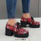 Square Toe Lace Up Chunky Heels Platforms Flower Skull Pattern Loafers  - Red Faux Leather