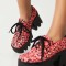 Square Toe Lace Up Chunky Heels Platforms Heart Pattern Loafers  - Red Faux Leather