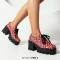 Square Toe Lace Up Chunky Heels Platforms Heart Pattern Loafers  - Red Faux Leather