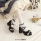 Round Toe Ankle Buckle Cross Buckle Straps Bowknot Chunky Heels Pumps - Black Faux Leather