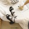 Round Toe Ankle Buckle Cross Buckle Straps Bowknot Chunky Heels Pumps - Black Faux Leather