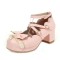 Round Toe Ankle Buckle Cross Buckle Straps Bowknot Chunky Heels Pumps - Pink Faux Leather