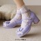 Round Toe Ankle Buckle Cross Buckle Straps Bowknot Chunky Heels Pumps - Purple Faux Leather