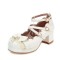 Round Toe Ankle Buckle Cross Buckle Straps Bowknot Chunky Heels Pumps - White Faux Leather