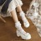 Round Toe Ankle Buckle Cross Buckle Straps Bowknot Chunky Heels Pumps - White Faux Leather