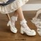 Round Toe Ankle Buckle Cross Buckle Straps Bowknot Chunky Heels Pumps - White Faux Leather
