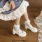 Round Toe Ankle Buckle Cross Buckle Straps Bowknot Chunky Heels Pumps - White Faux Leather