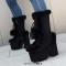 Round Toe Patchwork Fur Lace Up Cute Wool Balls Platforms Chunky Heels Knee Highs Boots - Black Flock