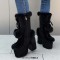 Round Toe Patchwork Fur Lace Up Cute Wool Balls Platforms Chunky Heels Knee Highs Boots - Black Flock