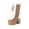 Round Toe Patchwork Fur Lace Up Cute Wool Balls Platforms Chunky Heels Knee Highs Boots - Camel Tan Flock