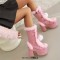 Round Toe Patchwork Fur Lace Up Cute Wool Balls Platforms Chunky Heels Knee Highs Boots - Pink Flock