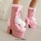 Round Toe Patchwork Fur Lace Up Cute Wool Balls Platforms Chunky Heels Knee Highs Boots - Pink Flock