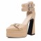 Pointed Toe Ankle Buckle Double Straps Platforms Chunky Heels Sandals - Apricot Faux Leather