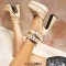 Pointed Toe Ankle Buckle Double Straps Platforms Chunky Heels Sandals - Apricot Faux Leather