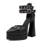 Pointed Toe Ankle Buckle Double Straps Platforms Chunky Heels Sandals - Black Faux Leather
