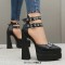 Pointed Toe Ankle Buckle Double Straps Platforms Chunky Heels Sandals - Black Faux Leather