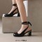 Square Toe Chunky Heels Slingback Ankle Lace Sandals - Black Faux Leather