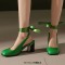 Square Toe Chunky Heels Slingback Ankle Lace Sandals - Green Faux Leather