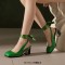 Square Toe Chunky Heels Slingback Ankle Lace Sandals - Green Faux Leather