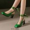 Square Toe Chunky Heels Slingback Ankle Lace Sandals - Green Faux Leather