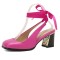 Square Toe Chunky Heels Slingback Ankle Lace Sandals - Rose Faux Leather