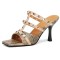 Square Open Toe Snake Print T Straps Rivets High Heels Sandals Slippers - Apricot Faux Leather