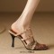 Square Open Toe Snake Print T Straps Rivets High Heels Sandals Slippers - Apricot Faux Leather
