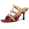 Square Open Toe Snake Print T Straps Rivets High Heels Sandals Slippers - Wine Faux Leather