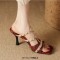 Square Open Toe Snake Print T Straps Rivets High Heels Sandals Slippers - Wine Faux Leather