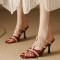 Square Open Toe Snake Print T Straps Rivets High Heels Sandals Slippers - Wine Faux Leather